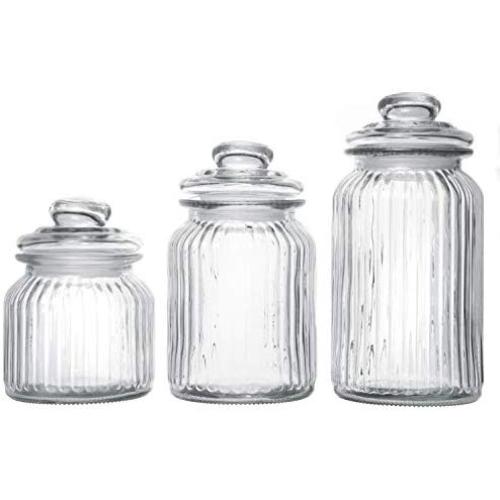 Exclusive Line Ripple Food Storage Tall Glass Jar Canister with Airtight Lid, 42.5 Ounces, 31.8 Ounces, 21.3 Ounces - 3-Piece Set