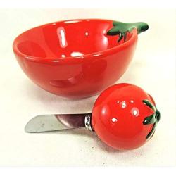 Unik Always Tomato Ceramic Appetizer or Dip Bowl with Spreader Kitchen Decor