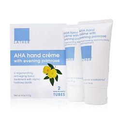 LATHER AHA Hand Crème with Evening Primrose, 2 Ounce Tube (2 Pack) Gentle, Moisturizing Exfoliant Hand Cream with Fruit Derived Alpha Hydroxy Acid