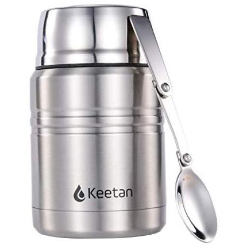 Keetan Vacuum Insulated Food Jar 18/8 Stainless Steel Lunch Box with Folding Spoon Double Walled Food Container BPA Free(17OZ, Stainless)
