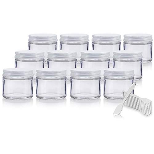 Clear Thick Glass Straight Sided Jar with Optional Multiple color Metal Airtight Lid - 2 oz / 60 ml (12 pack) + Spatulas