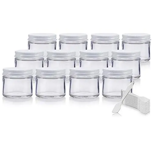 Klares dickwandiges Glasbehälter mit geradem Rand, optional mit Mehrfarben-Metalldeckel – 2 oz / 60 ml (12er Pack) + Spatel