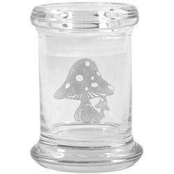 Clear Glass Herb Stash Jar and Lid 2.75 oz Mushroom Logo from Smoke Promos