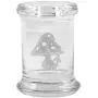 Clear Glass Herb Stash Jar and Lid 2.75 oz Mushroom Logo from Smoke Promos