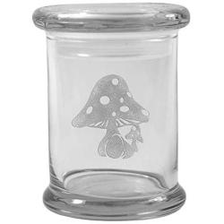 Clear 8 oz Glass Herb Stash Jar and Lid with Mushroom Logo from Smoke Promos