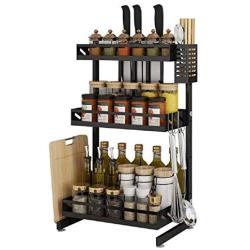 Ctystallove 3 Tier Metal Kitchen Spice Rack Countertop Standing Corner Shelf Removable Seasoning Organizer Jars Bottle Storage Knife Utensils Holder with 3 Hooks, Black