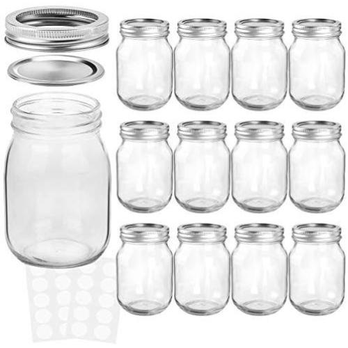 KAMOTA Mason Jars 16 oz With Regular Lids and Bands, Ideal for Jam, Honey, Wedding Favors, Shower Favors, Baby Foods, DIY Magnetic Spice Jars, 12 PACK, 20 Whiteboard Labels Included