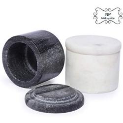 NikkisPride Unique Salt and Pepper Cellar Box Green Marble and White Marble Covered with marble lid Set of 2 (Black and White)