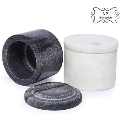 NikkisPride Unique Salt and Pepper Cellar Box Green Marble and White Marble Covered with marble lid Set of 2 (Black and White)