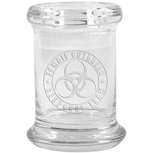 Clear Glass Herb Stash Jar and Lid 2.75 oz with Zombie Outbreak Logo from Smoke Promos