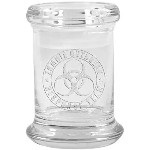 Clear Glass Herb Stash Jar and Lid 2.75 oz with Zombie Outbreak Logo from Smoke Promos
