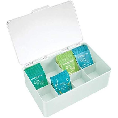 mDesign Stackable Plastic Tea Bag Holder Storage Bin Box for Kitchen Cabinets, Countertops, Pantry - Organizer Holds Beverage Bags, Cups, Pods, Packets, Condiment Accessories - Mint Green/Clear