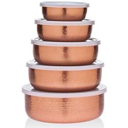 Godinger 5 Piece Hammered Copper Plated Stackable Storage Bowl Set with airtight Lids-Perfect Gift