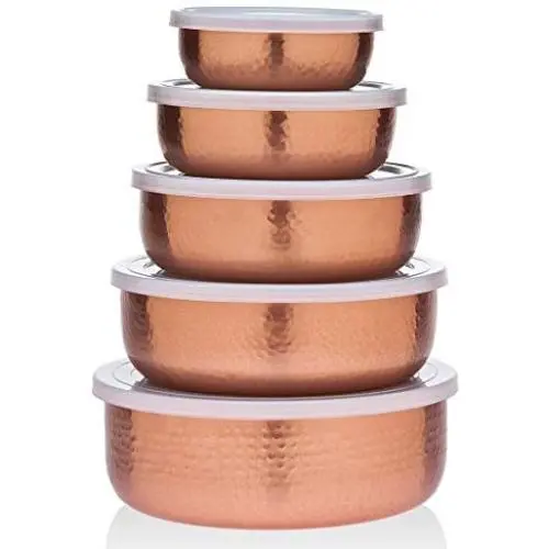 Godinger 5 Piece Hammered Copper Plated Stackable Storage Bowl Set with airtight Lids-Perfect Gift