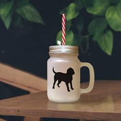 Brown Bloodhound Silhouette Frosted Glass Mason Jar With Straw