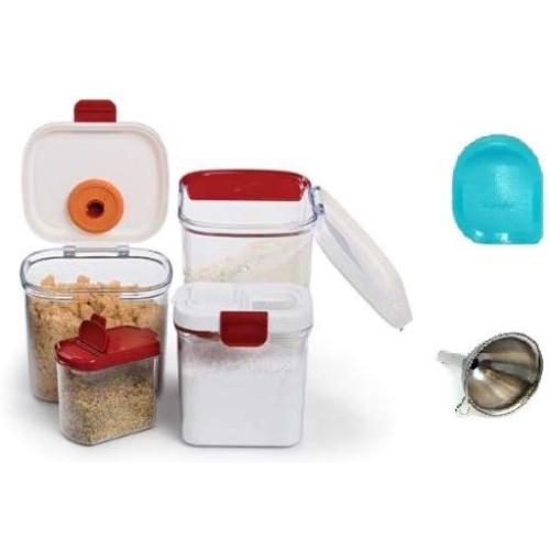 Progressive International Ultimate Keeper Set Includes Flour, Brown Sugar, Powdered Sugar, and Mini Keeper Set. Includes Free Stainless Steel Mini Funnel and pan Scraper