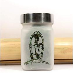 Stash Jar with Robot Design - Etched Glass, Airtight, Smell Resistant Herb Storage - 3&quotTall x 2" Wide Personal Storage