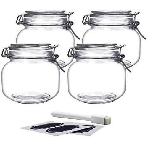 YEBODA 24oz Food Storage Canister Glass Jars with Clamp Airtight Lids and Silicone Gaskets for Multi-Purpose Kitchen Containers - Clear Square (4 Pack)