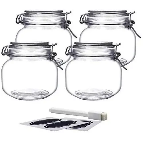 Bouteilles en verre YEBODA 24oz avec couvercle clipsable étanche et joints en silicone pour contenants multi-usage cuisine – Claires carrées (4 pack) Bouteilles en verre YEBODA 24oz avec couvercle clipsable étanche et joints en silicone pour contenants multi-usage cuisine – Claires carrées (4 pack)