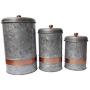 Benjara, Gray Galvanized Metal Lidded Canister with Copper Band, Set of Three