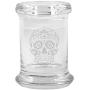 Clear Glass Herb Stash Jar and Lid 2.75 oz with Sugar Skull Logo from Smoke Promos