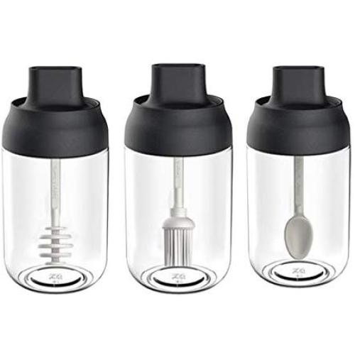 UPKOCH Seasoning Bottles Condiment Jars with Spoon Glass Honey Jar with Dipper Oil Bottle with Brush Kitchen Pot 3pcs