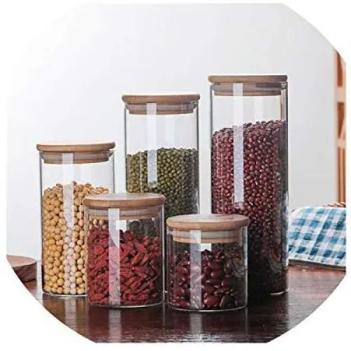 Bouteilles en verre transparentes pour rangement thé café épices bonbons, avec couvercle en bambou, 1800ml 10x25cm Bouteilles en verre transparentes pour rangement thé café épices bonbons, avec couvercle en bambou, 1800ml 10x25cm
