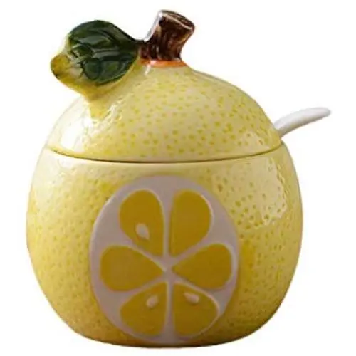 Fruit Shaped Ceramic Sugar Bowl Salt Pot Pepper Storage Jar Seasoning Pot Container Condiment Spice Box Holder with Lid and Spoon (Lemon Pomelo)