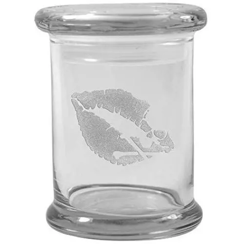 Clear 8 oz Glass Herb Stash Jar and Lid with Death Kiss Logo from Smoke Promos Clear 8 oz Glass Herb Stash Jar and Lid with Death Kiss Logo from Smoke Promos