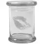 Clear 8 oz Glass Herb Stash Jar and Lid with Death Kiss Logo from Smoke Promos Clear 8 oz Glass Herb Stash Jar and Lid with Death Kiss Logo from Smoke Promos