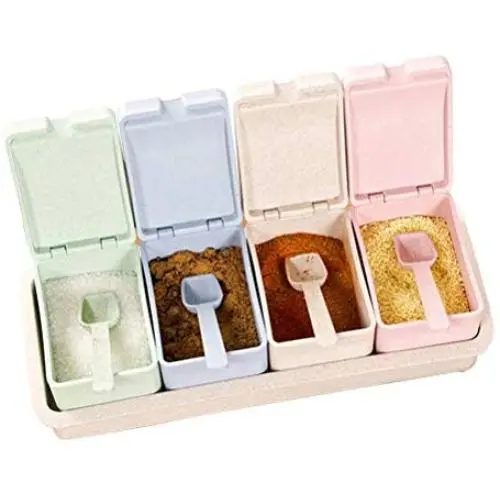 Food Storage 4 pieces of spice jars with lid and spoon for salt sugar spice pepper seasoning box Food Storage 4 pieces of spice jars with lid and spoon for salt sugar spice pepper seasoning box