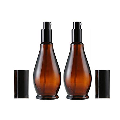 2Pcs 50ml/1.7oz Amber Glass Lotion Pump Bottles Refillable Empty Cucurbit Shaped Glass Bottle with Black Pump Top Portable Travel Cosmetic Makeup Cream Lotion Container Jar Dispenser