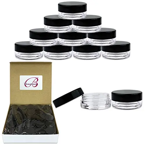 50 Stück Beautycom 3g/3ml Premium Runde Klarglasbehälter mit Deckel für Kosmetik, Lotion, Creme, Make-up, Perlen, Charms, Pailletten, Accessoires & Mehr! (Schwarzer Deckel)
