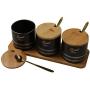 Spice Jars, Ceramic Seasoning Jar Set of 3, 3 Spice Jars + 3 Spoons (with Wooden Tray), Condiment Storage, Black, Creative Home Gifts