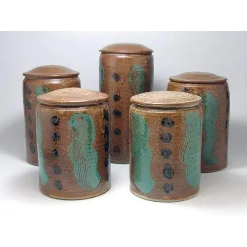 Pottery Kitchen Storage Jar Set of Five Stoneware Covered Jars Pottery Kitchen Storage Jar Set of Five Stoneware Covered Jars