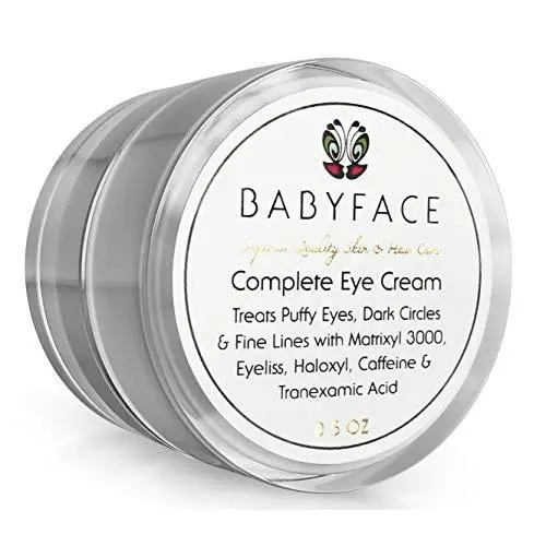 Babyface Complete Eye Cream - Caffeine, Haloxyl, Eyeliss, Matrixyl 3000 for Bags, Wrinkles & Dark Circles, 15 ml. Babyface Complete Eye Cream - Caffeine, Haloxyl, Eyeliss, Matrixyl 3000 for Bags, Wrinkles & Dark Circles, 15 ml.