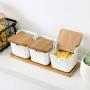 Keramische Gewürzdosen mit Lidselbst, Bambusgewürzbehälter mit Deckeln, Zuckeraufbewahrungsbehälter und Salzgewürzbox für Küche und Zuhause, Weiß, 250 ml (8,54 OZ), Set von 3