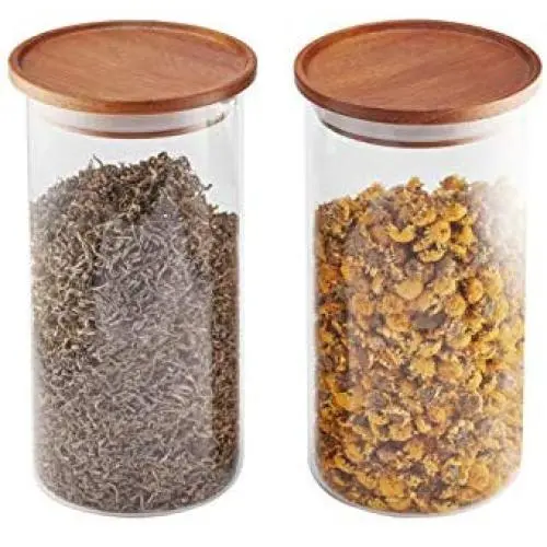 Ensemble de bocaux Essos en verre 44oz avec couvercles en bois, 2 pièces, rangement hermétique et empilable pour la cuisine, idéal pour les aliments, les biscuits, les pâtes.
