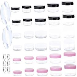 ZEJIA 30 Pieces Sample Containers with Screw Lids,5 size 3/5/10/15/20 Gram Cosmetic Containers with 30pcs Labels and 5pcs Mini Disposable Spatula,for Makeup Eye Shadow Powder Lotion Jewelry