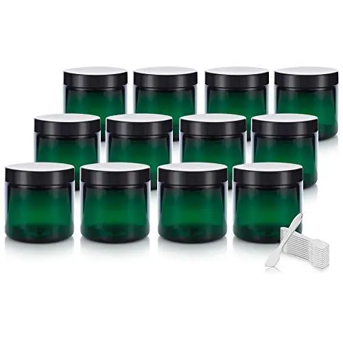 4 oz Green Plastic Jar with Black Foam Lined Air Tight Lid (12 Pack) + Spatulas