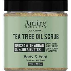 Amire Tea Tree Oil Exfoliating Body and Foot Scrub with Dead Sea Salt, Great for Acne, Dandruff, Athletes Foot, Infused with Argan Oil and Shea Butter to Moisturize