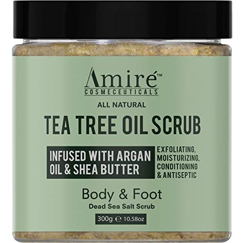 Amire Teebaumöl Peeling-Bad für Körper und Füße mit Toten Meer Salz, ideal für Akne, Schuppenflechte, Ferselfuß, angereichert mit Arganöl und Sheabutter zur Feuchtigkeitspflege.