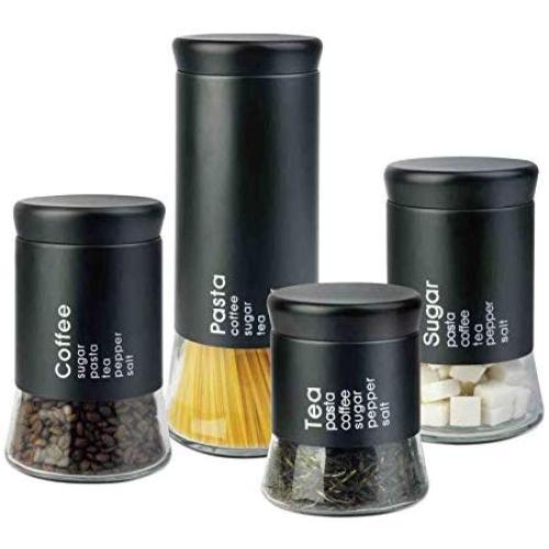 Home Basics Allaire Collection 4 Piece Food Storage Canister Set, Food Storage Container for Kitchen Counter, Sugar, Tea, Pasta, Coffee Canister with Clear Bottom, Black