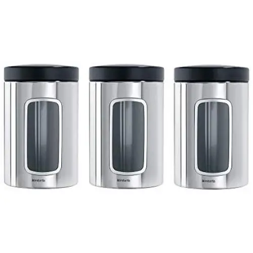 Brabantia Windowed 1.4 Litre Canister Set- Brilliant Steel Brabantia Windowed 1.4 Litre Canister Set- Brilliant Steel