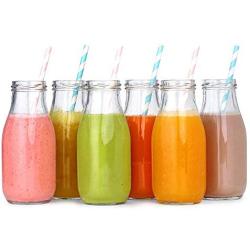 12 Pack - 11 Oz Glass Milk Bottles, 24 Metal Twist Lids and 12 Colorful Paper Straws - Reusable Vintage Dairy Bottles- Milk Bottles for Parties, Weddings, BBQ, Picnics.