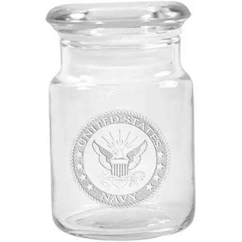 Clear Glass Herb Stash Jar with Lid 4.5 oz with US Navy Logo from Smoke Promos Clear Glass Herb Stash Jar with Lid 4.5 oz with US Navy Logo from Smoke Promos