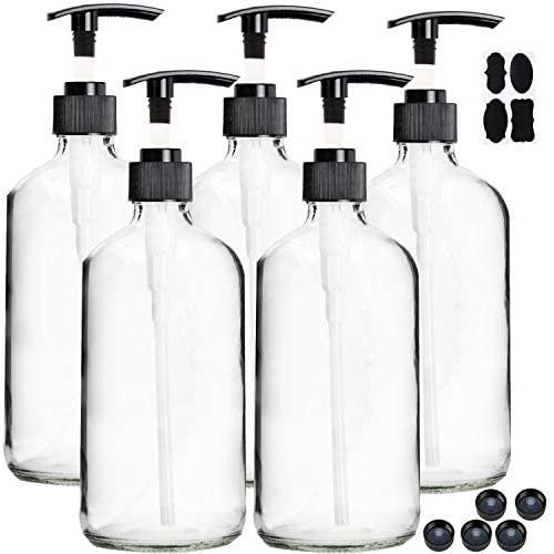 Youngever 5 Pack Empty Clear Glass Pump Bottles, 8 Ounce Lotion Pump Bottles, Soap Dispenser, Refillable Containers, Durable Black Pumps