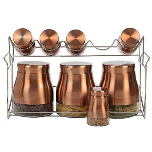 9 Piece Copper Kitchen Counter Storage and Spice Rack Jar Set