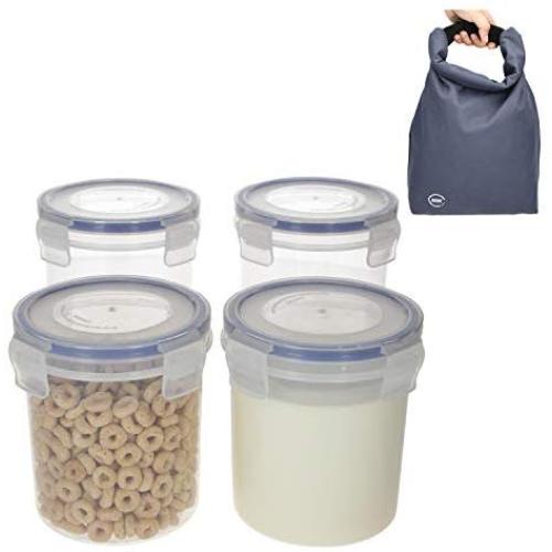 Overnight Oats Container Jar with Canvas Lunch Bag (4-Piece set | 16 oz) - Oatmeal Container to go | Portable Cereal and Milk Container on the go | Snap Lock Storage Jars with Airtight Lids