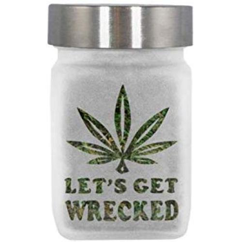 Stash Jar with Pot Leaf and Lets Get Wrecked Design - Smell Resistant Herb Storage and Accessories, Airtight - 3" Tall x 2" Wide